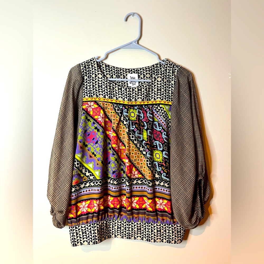 Ivy Jane Multi Print Long Sleeve Boho Top EUC